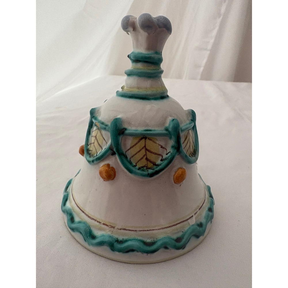 Vintage Hand Painted Italian Ceramic Bell Teal Orange Leaf Motif Made in Italy